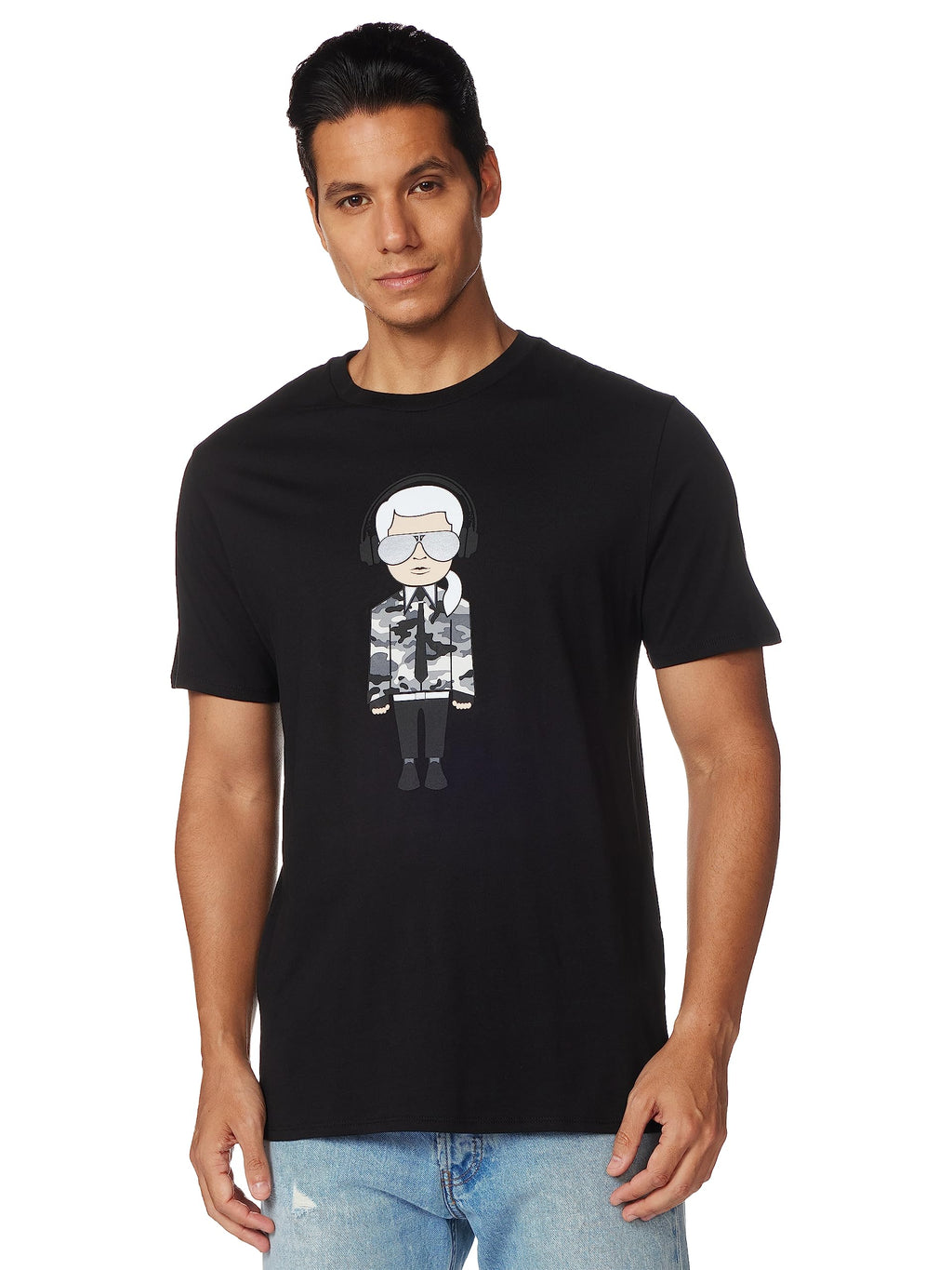 Karl Lagerfeld Paris Reflective T, Karl Character with Headphones Short Sleeve Crew Neck Mens Shirt, Black, M
