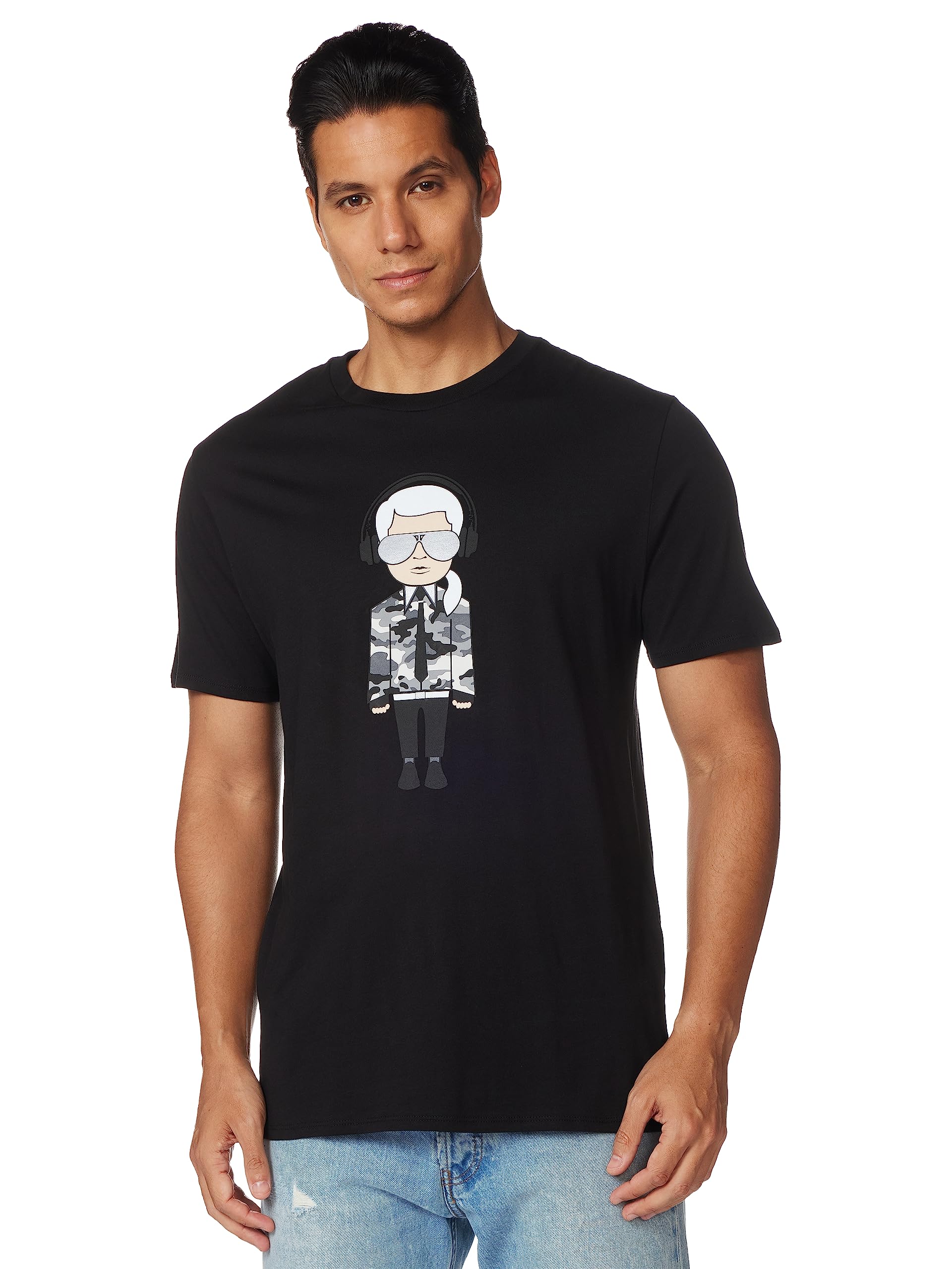 Karl Lagerfeld Paris Reflective T, Karl Character with Headphones Short Sleeve Crew Neck Mens Shirt, Black, M