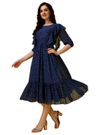 Fashion2Wear WomenS Georgette Midi Dress With Round Neck Floral Printed A Line Style Knee Length 3/4Th Puff Sleeves And Regular