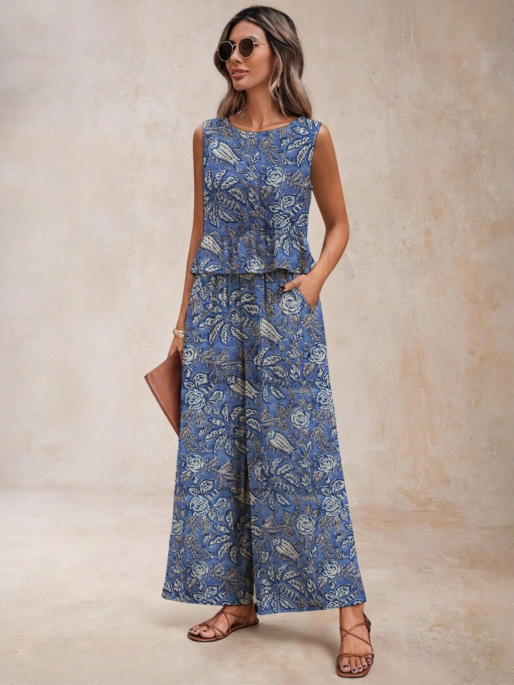 Sugathari Womens Blue Print Womens 2 Piece Pants Set  Sleeveless Ruffle Hem Button Back Tank Top & Wide Leg Pants | Casual Summ