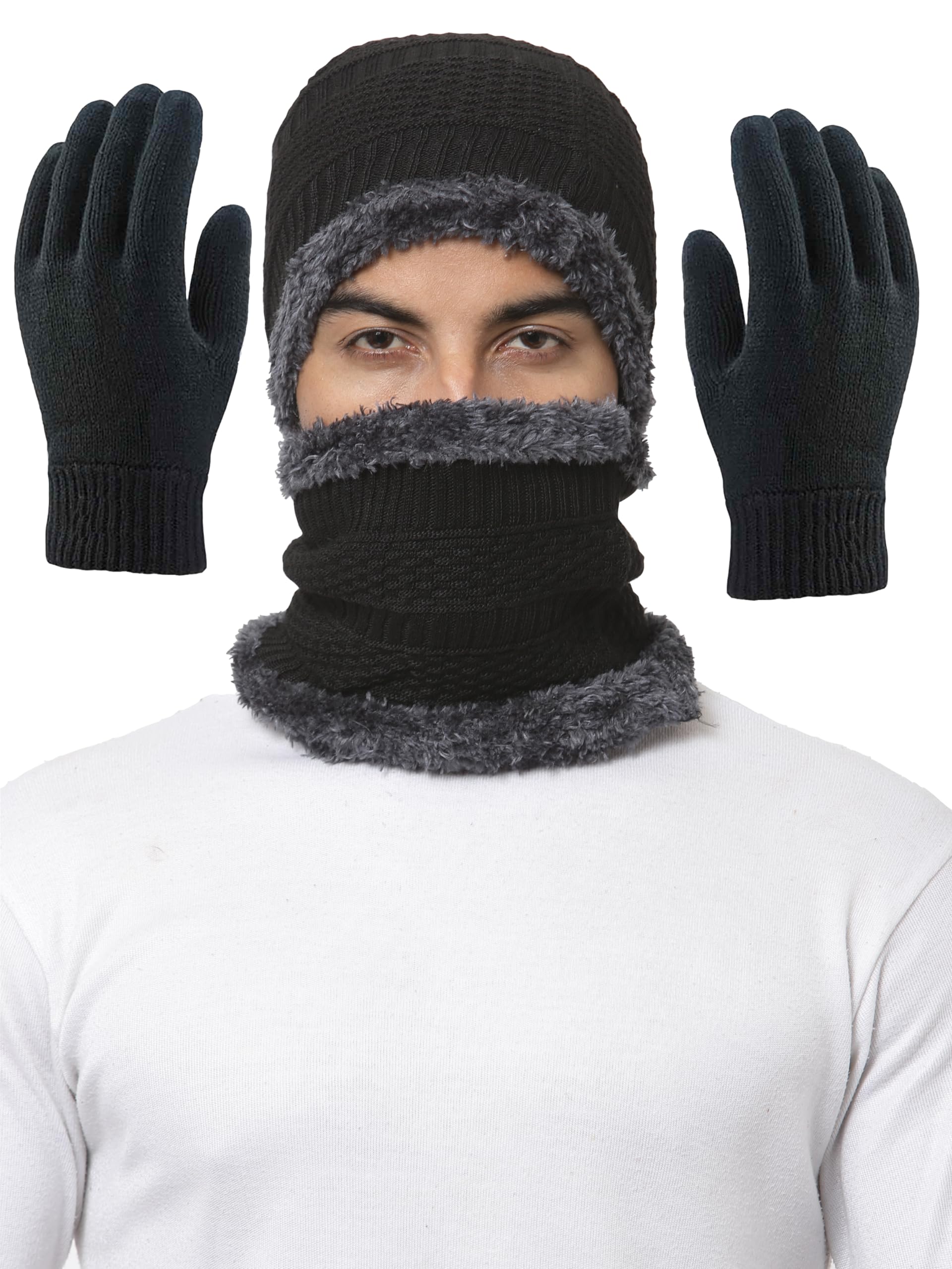 Weavers Villa Snow Proof Inside Fur Acro Unisex Beanie Cap with Neck Warmer & Woollen Gloves Set Knit Hat Thick Fleece Lined Win