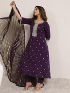 Libas Gerua Womens Embroidered Silk Blend A-Line Kurta With Trousers And Dupatta