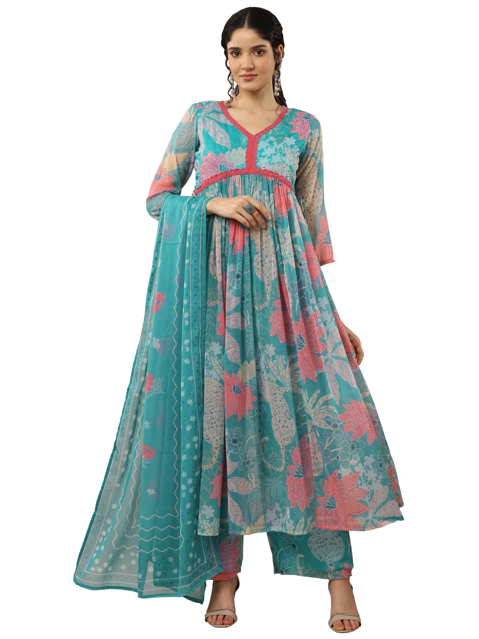 Libas Womens Printed Chiffon A-Line Kurta With Palazzos And Dupatta