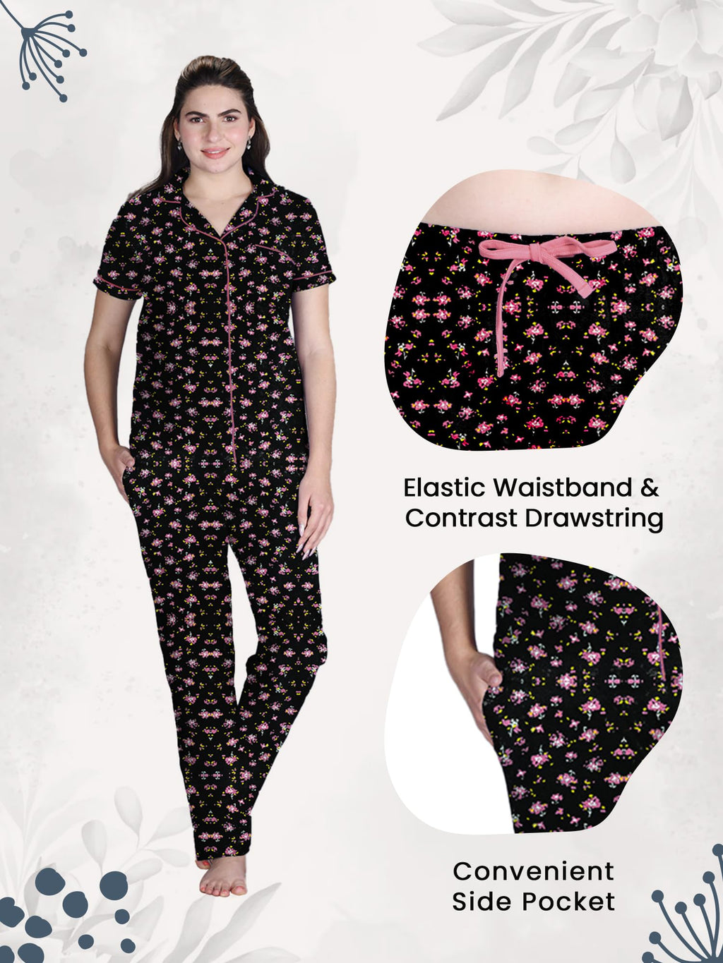 Lyra WomenS Cotton Shirt And Pyjama Printed Night Suit Black