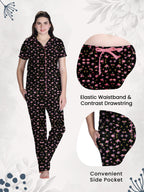 Lyra WomenS Cotton Shirt And Pyjama Printed Night Suit Black