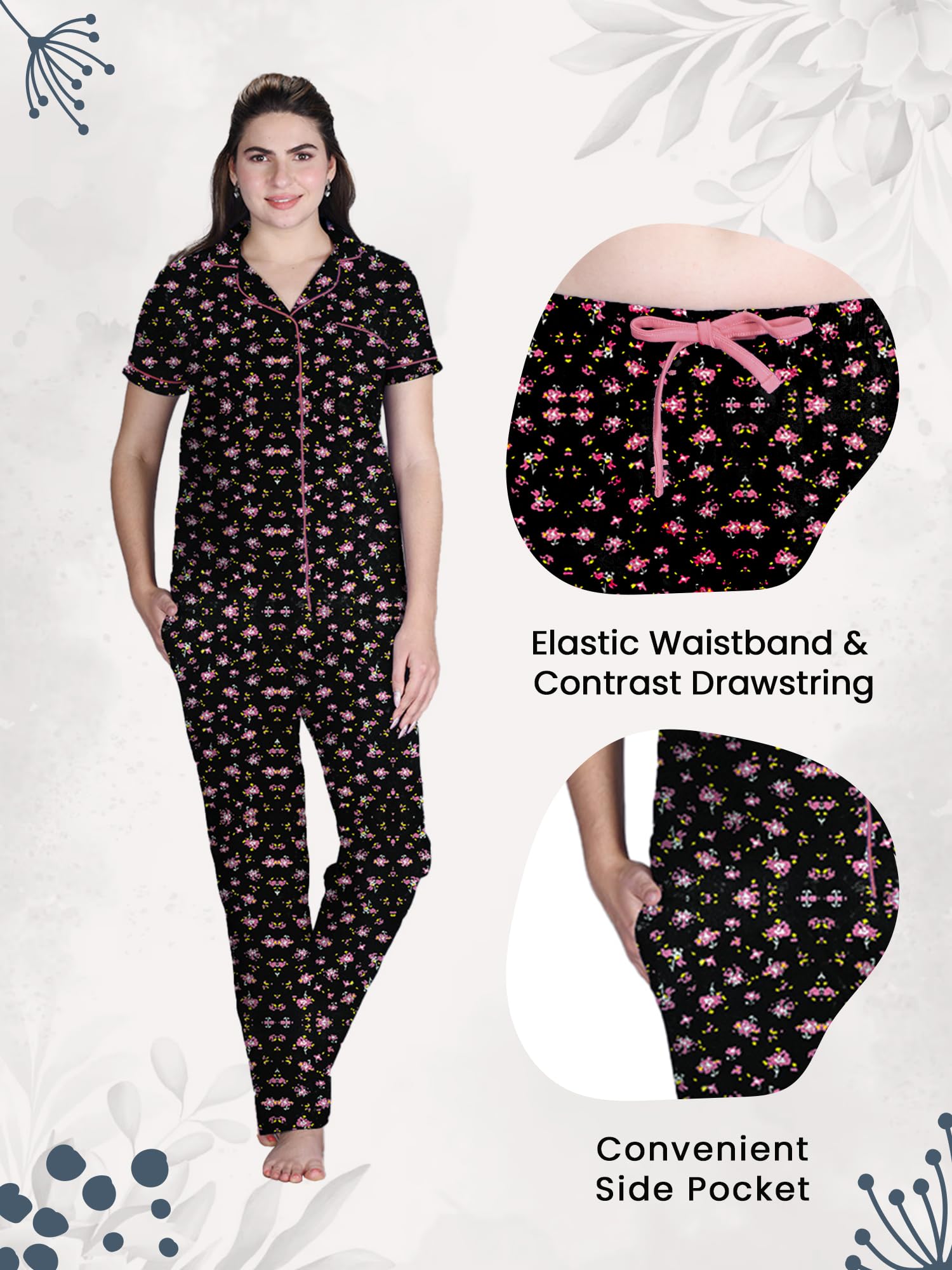 Lyra WomenS Cotton Shirt And Pyjama Printed Night Suit Black