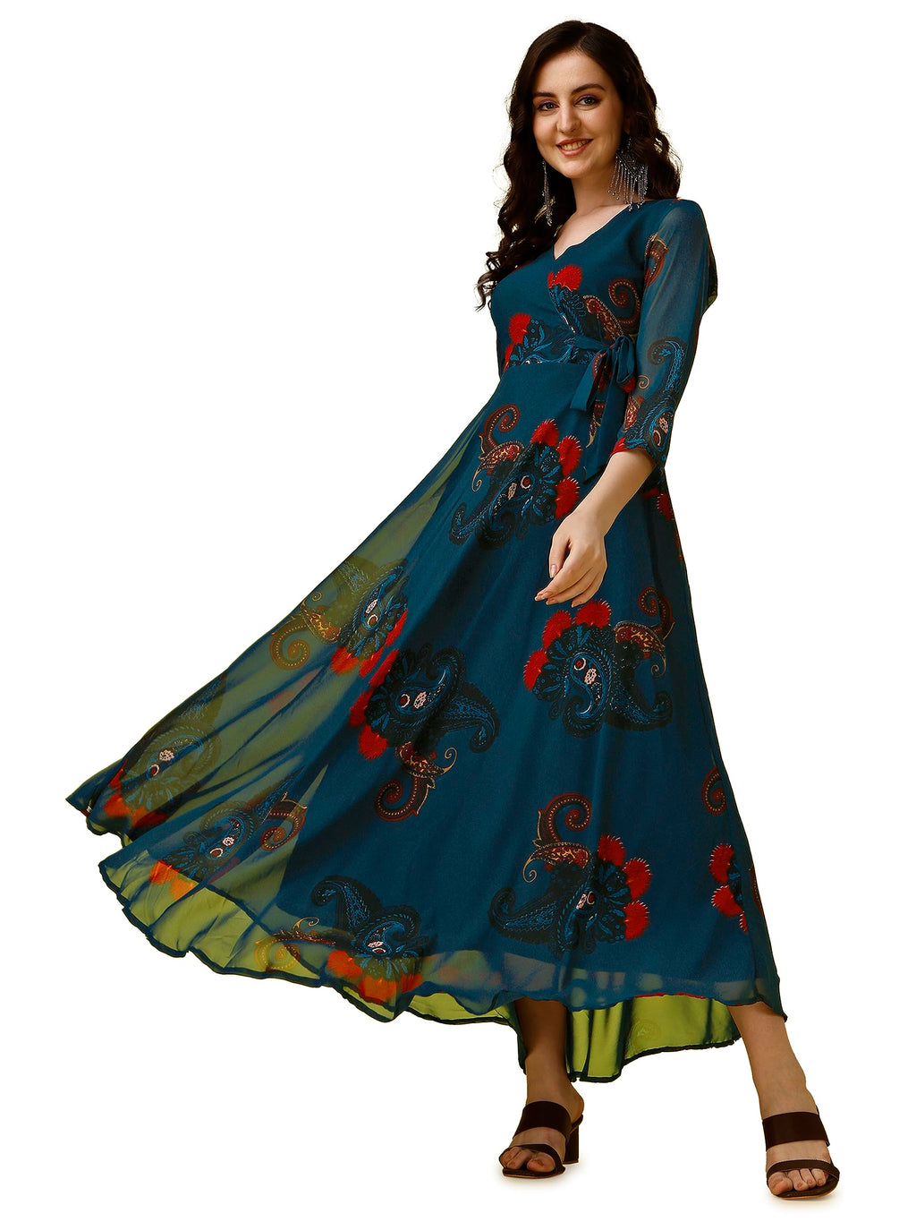 Trillmixa WomenS Georgette Midi Dress With Paisly Printed Pattern Long Sleeves Knee Length V Neck A Line Style And Regular Fit 