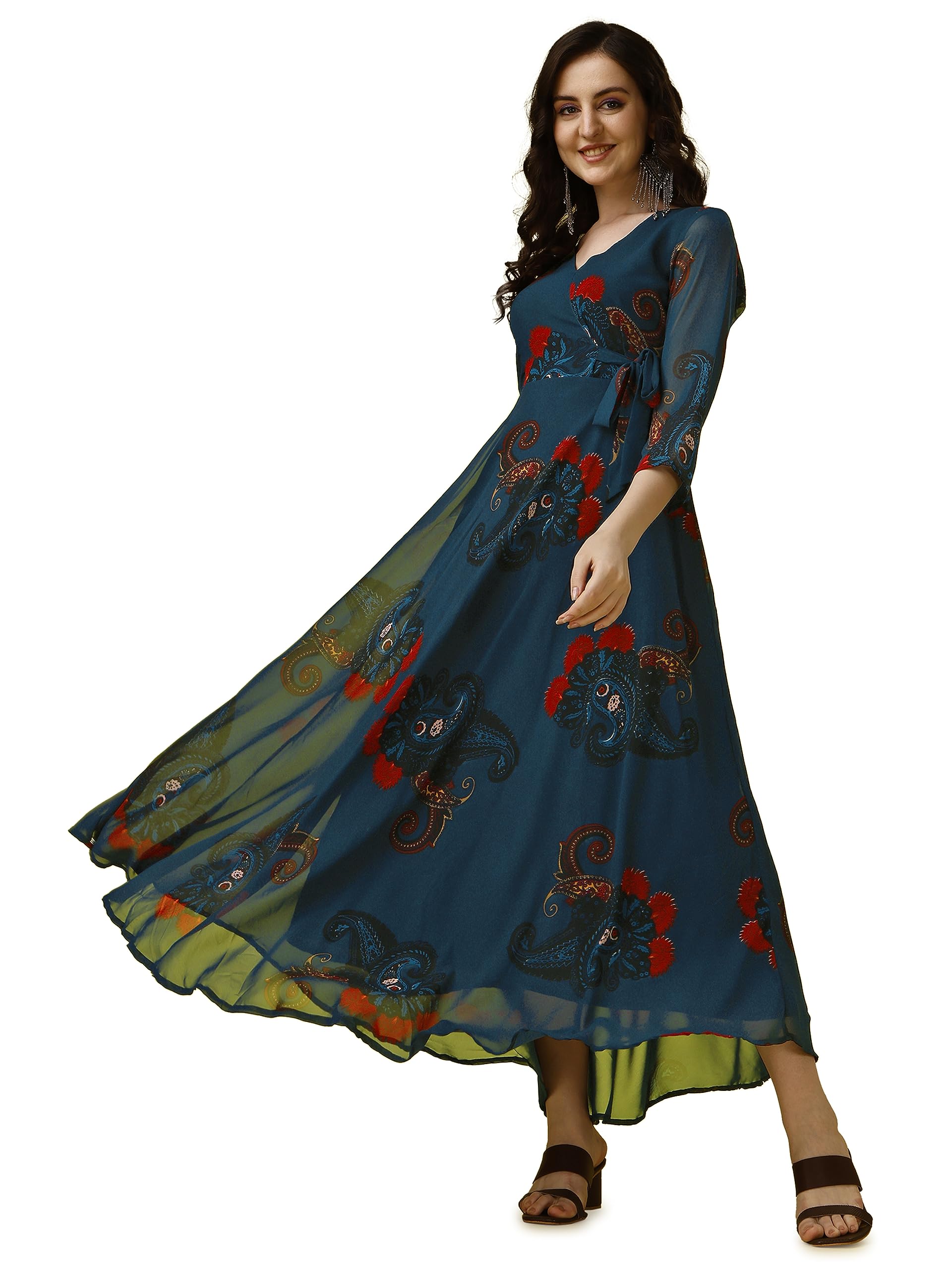 Trillmixa WomenS Georgette Midi Dress With Paisly Printed Pattern Long Sleeves Knee Length V Neck A Line Style And Regular Fit 