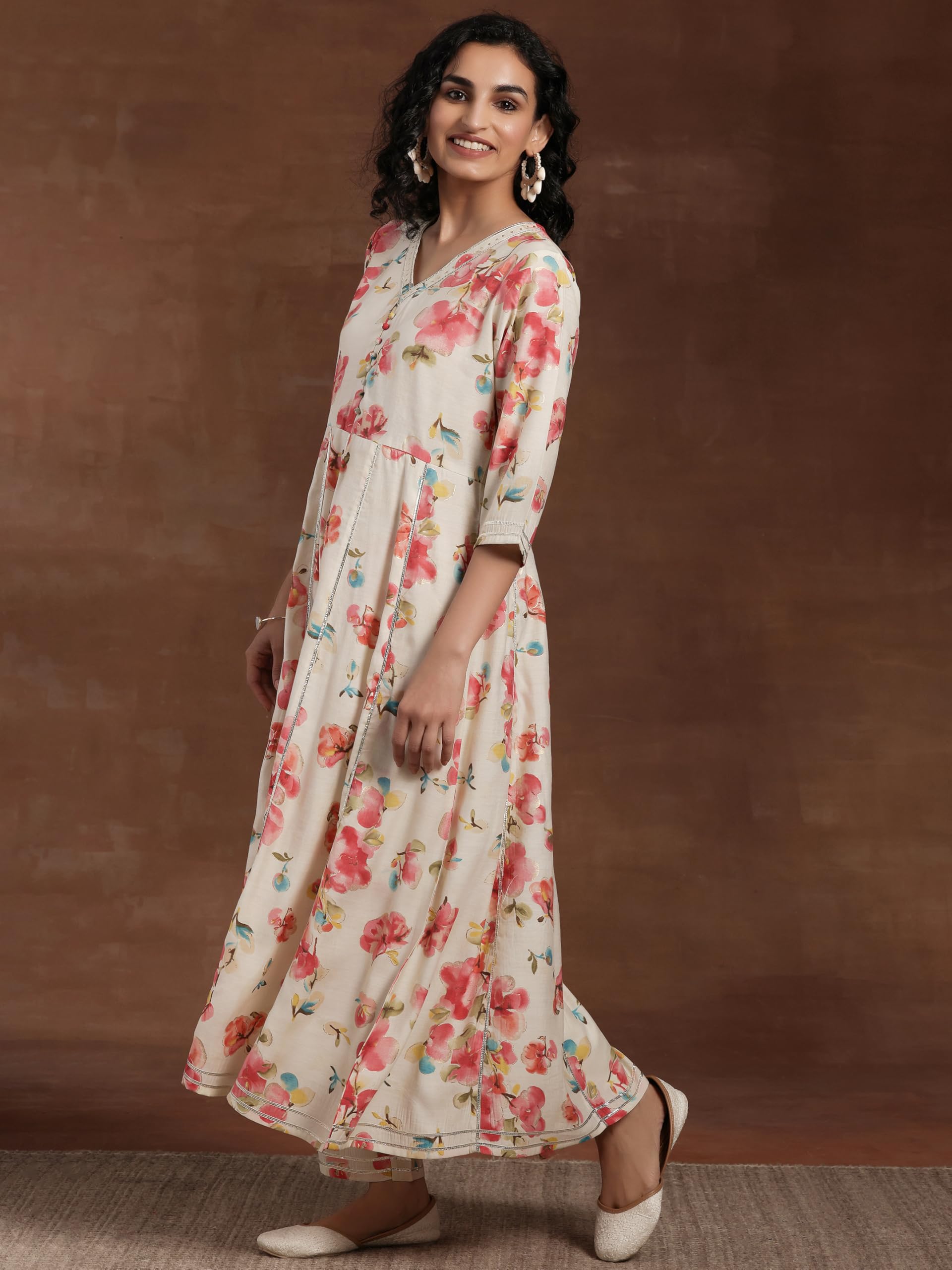 Libas Off White Printed Silk Blend Anarkali Kurta With Trousers