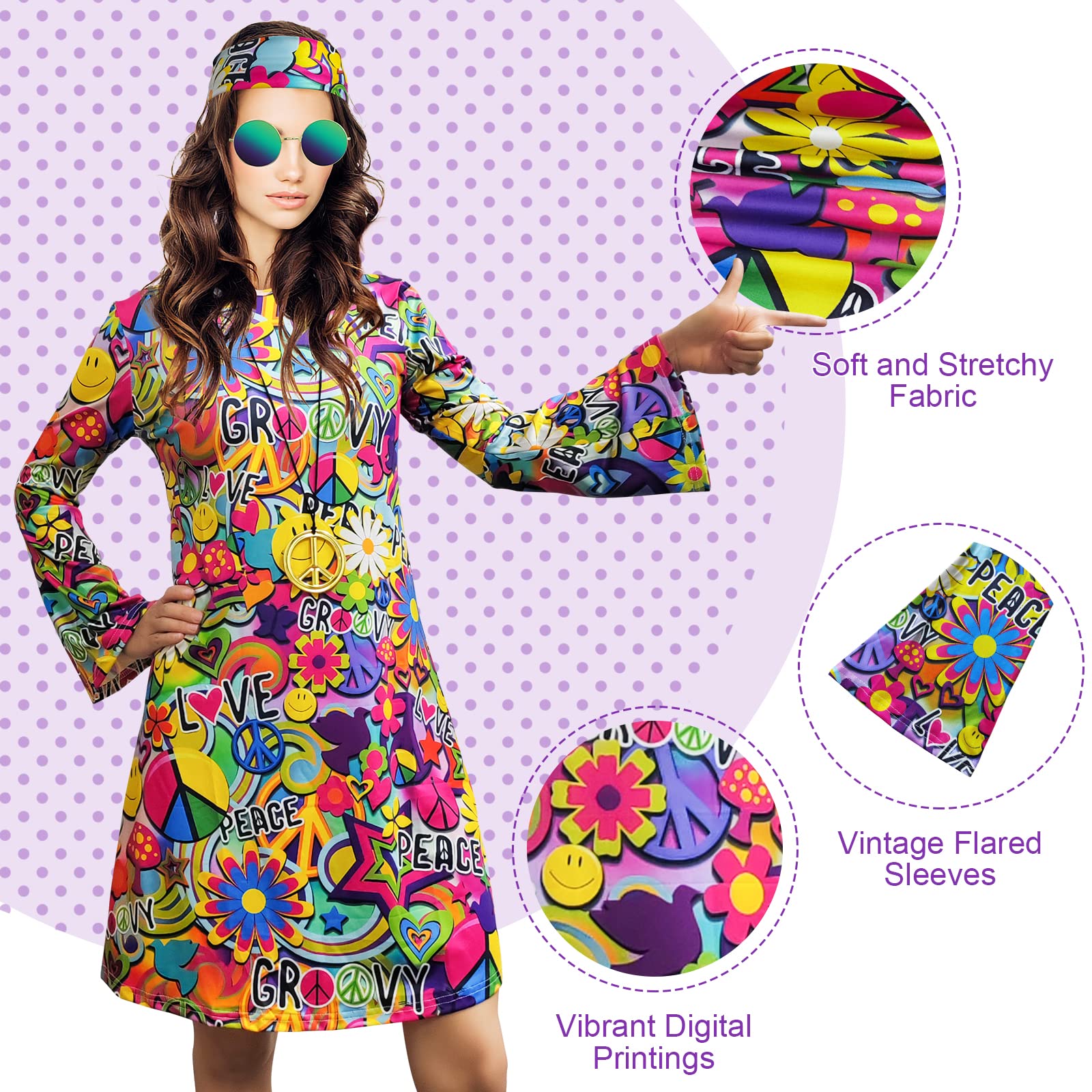 MRYUWB 70s Hippie Dress Costumes Necklace Earrings Sunglass Women Disco Outfit, 60s Party Costume, Halloween Retro Dresses (Love