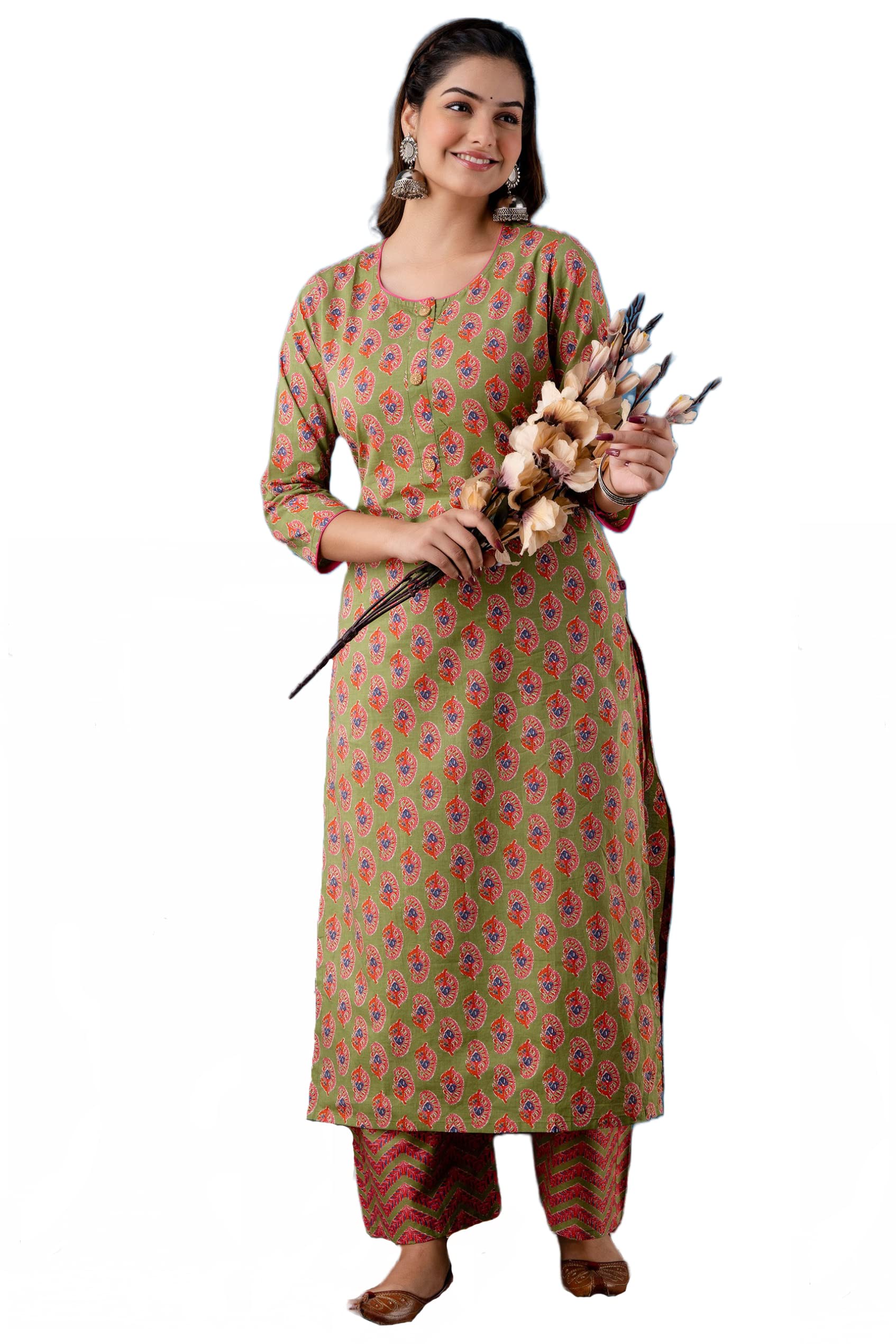 ANNI DESIGNER Womens Cotton Blend Traditional Straight Printed Kurta and Palazzo Set (Bhadra Green NW_XL_Green_X-Large)
