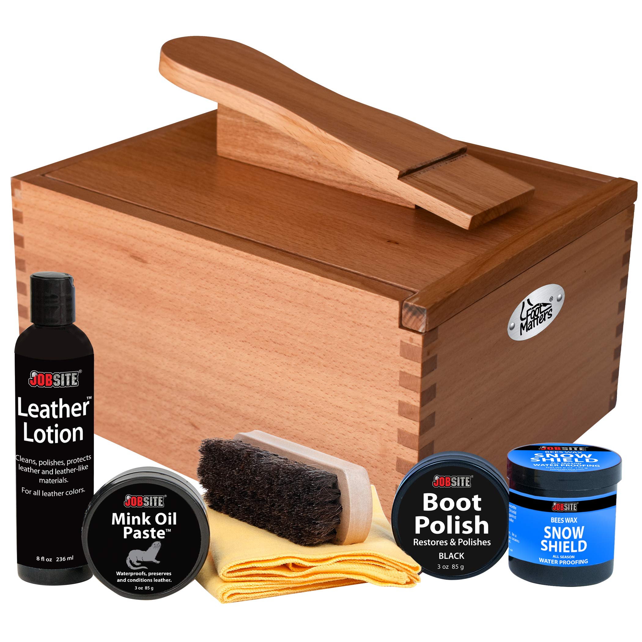 FOOTMATTERS Professional Shoe Shine Valet Kit - Includes Hardwood Boot & Shoe Care Box, Horsehair Brush, Mink Oil, Waterproof, P