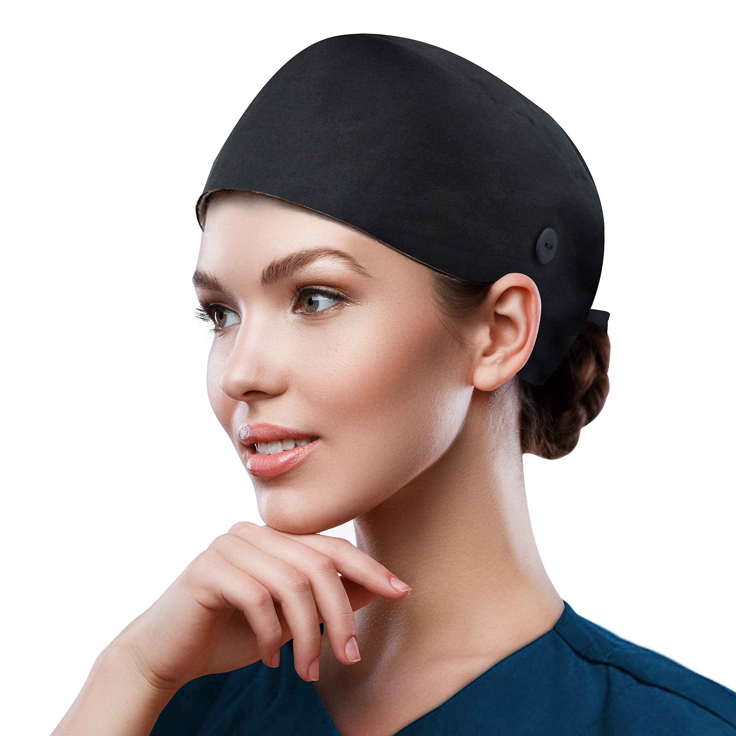 QBA Adjustable Working Cap with Button, Cotton Working Hat Sweatband, Elastic Bandage Tie Back Hats for Women & Men, One Size Bl