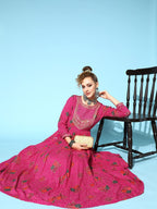 Ishin Women'S Rayon Pink Bandhani Print Embroidered Anarkali Kurta