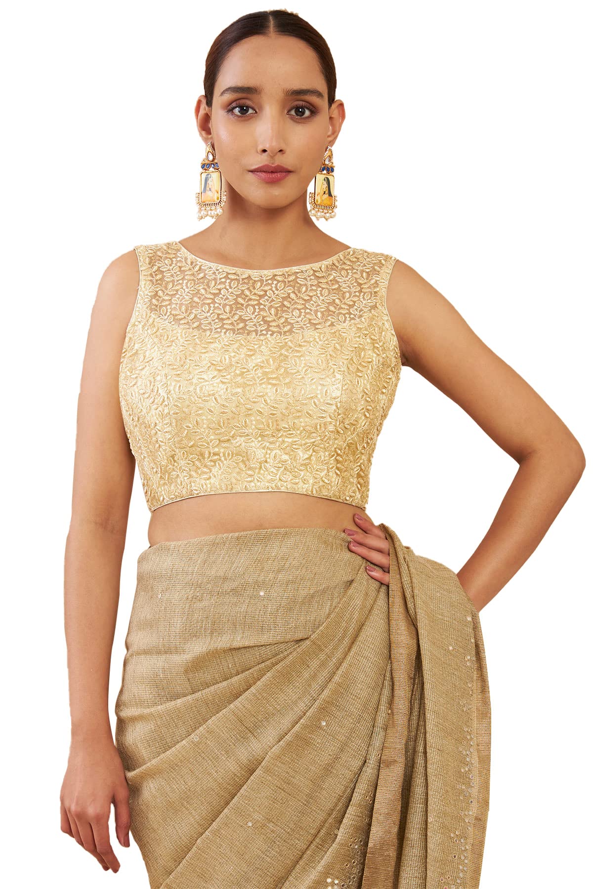 Soch Women Net Boat Neck Blouse with Embroidered Designs