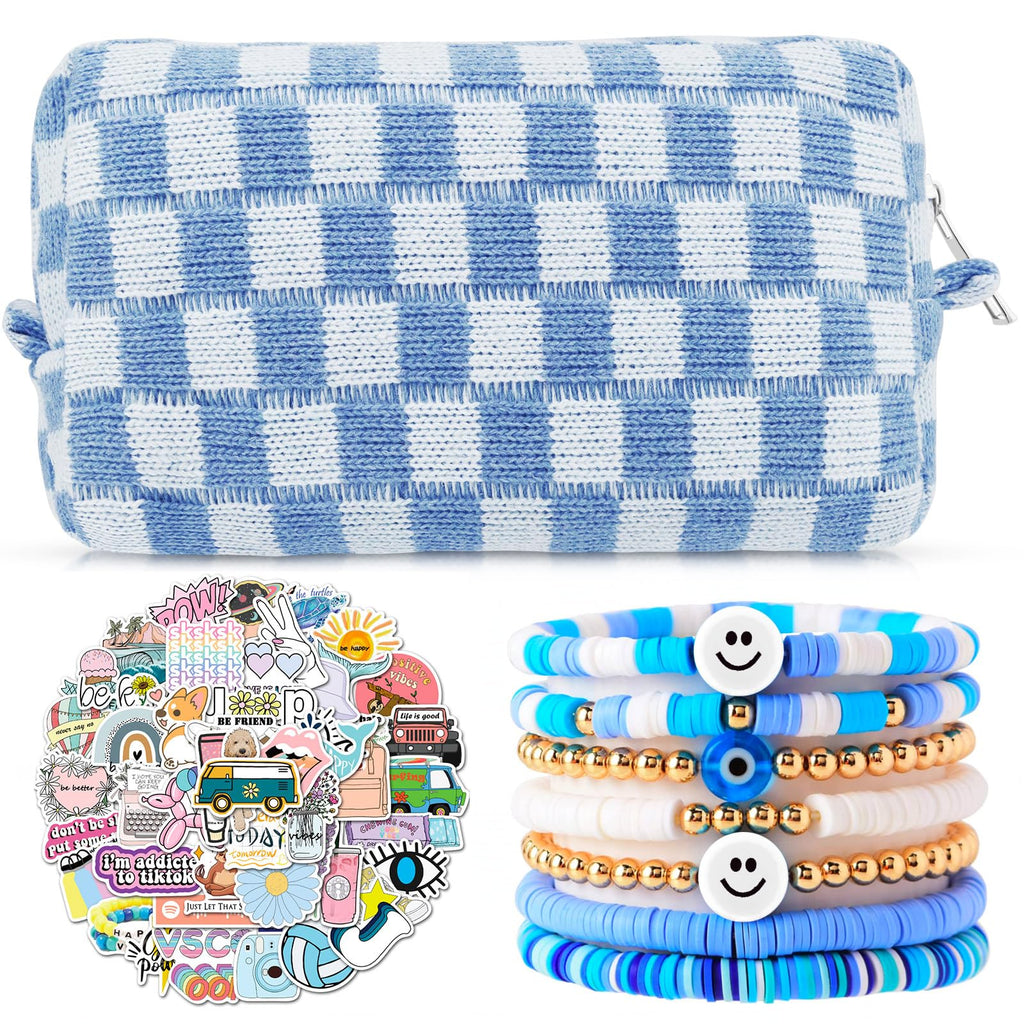 58 Pcs Checkered Makeup Bag Set Preppy Aesthetic Cosmetic Bag Travel Makeup Pouch Toiletry Bag 7 Heishi Surfer Bracelets with 50