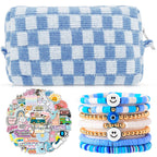 58 Pcs Checkered Makeup Bag Set Preppy Aesthetic Portable Cosmetic Bag Travel Makeup Pouch 7 Pcs Heishi Surfer Bracelets with 50