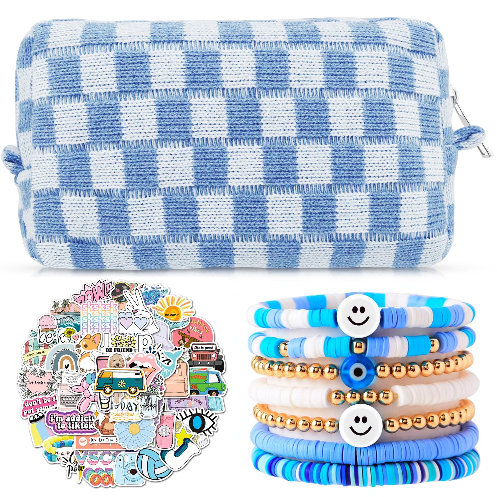 58 Pcs Checkered Makeup Bag Set Preppy Aesthetic Portable Cosmetic Bag Travel Makeup Pouch 7 Pcs Heishi Surfer Bracelets with 50