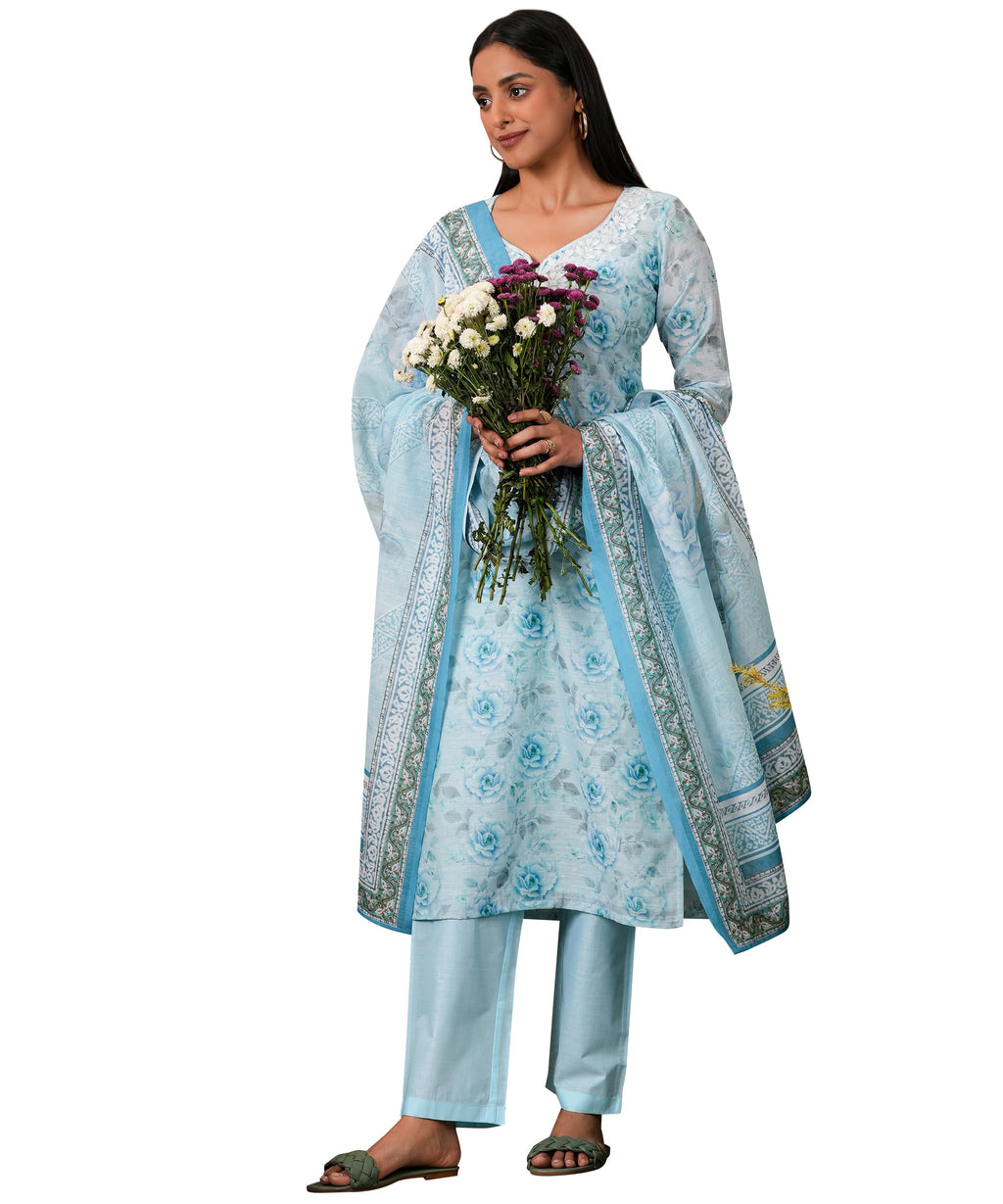 Libas Womens Printed Linen Straight Kurta With Trousers And Dupatta