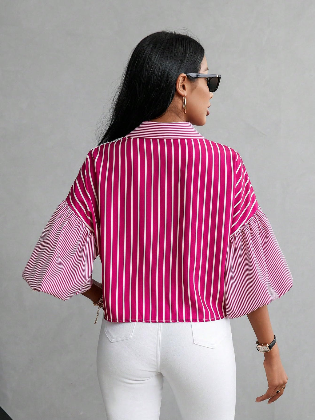 Shasmi Womens Random Striped Print Button Up Casual Shirt with Lapel Collar, Womens Fashion Striped Design Versatile Short Bat
