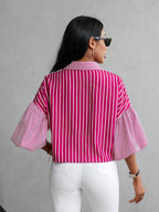 Shasmi Womens Random Striped Print Button Up Casual Shirt with Lapel Collar, Womens Fashion Striped Design Versatile Short Bat