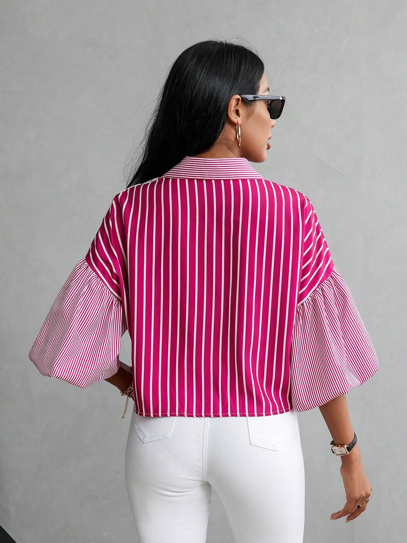 Shasmi Womens Random Striped Print Button Up Casual Shirt with Lapel Collar, Womens Fashion Striped Design Versatile Short Bat