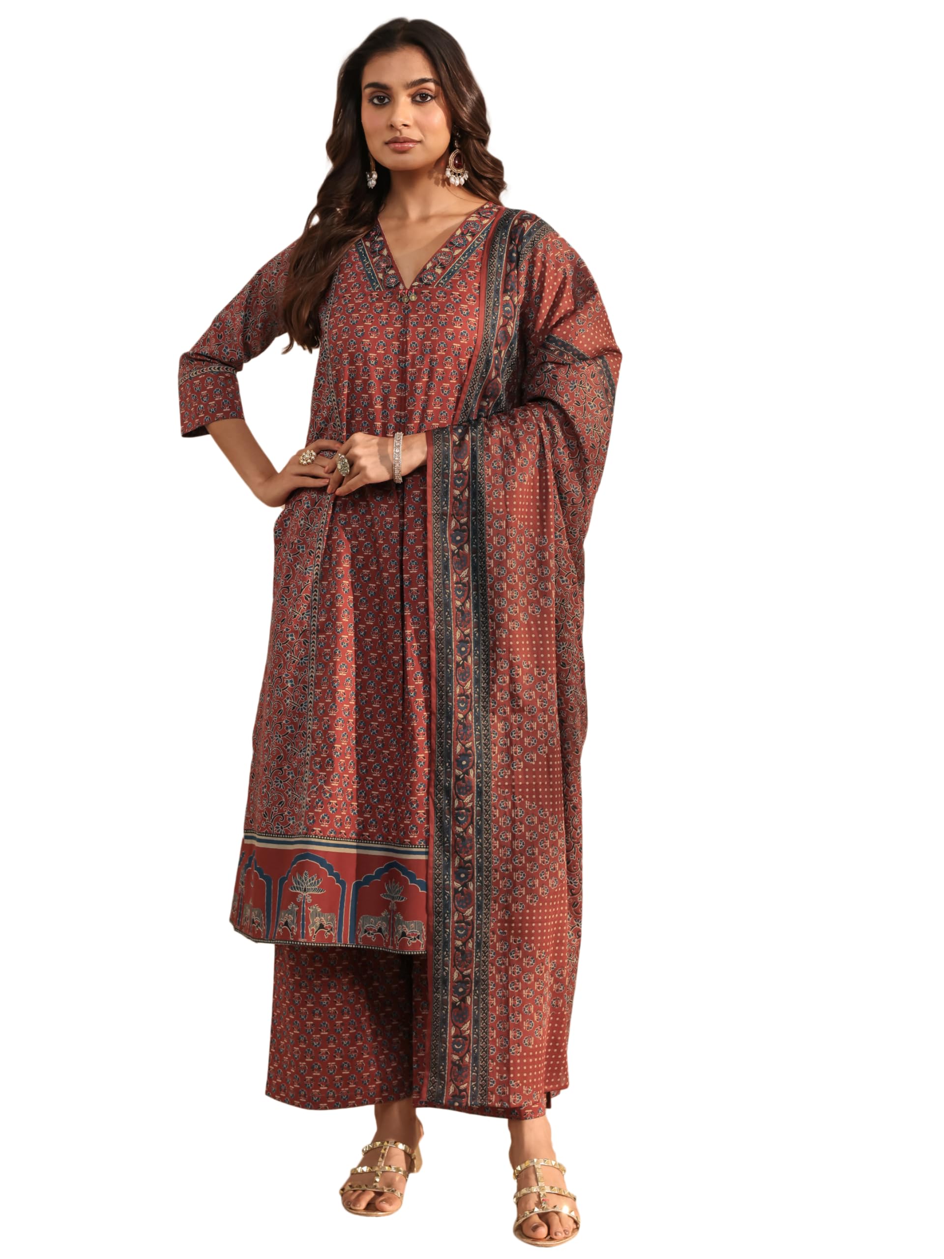 Libas Printed Cotton A-Line Kurta With Palazzo and Dupatta-93185XL