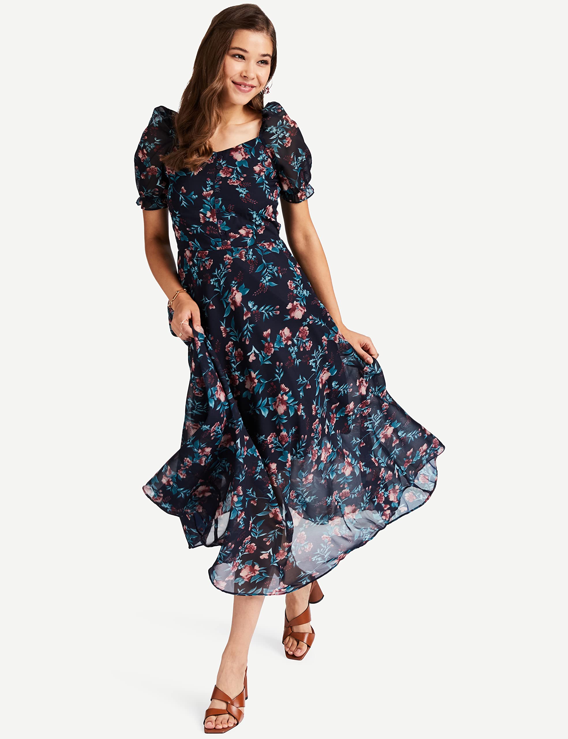 Rare London Women Georgette Fit And Flare Maxi Casual Dress (Ep6218_Blue_Large)