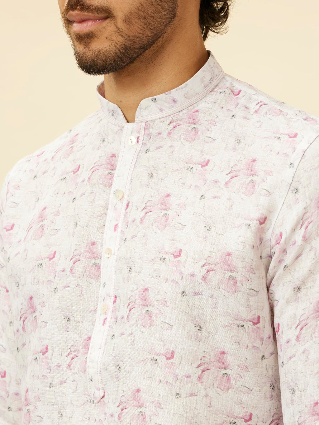 Manyavar Mens Soft White Floral Printed Kurta