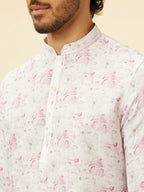 Manyavar Mens Soft White Floral Printed Kurta