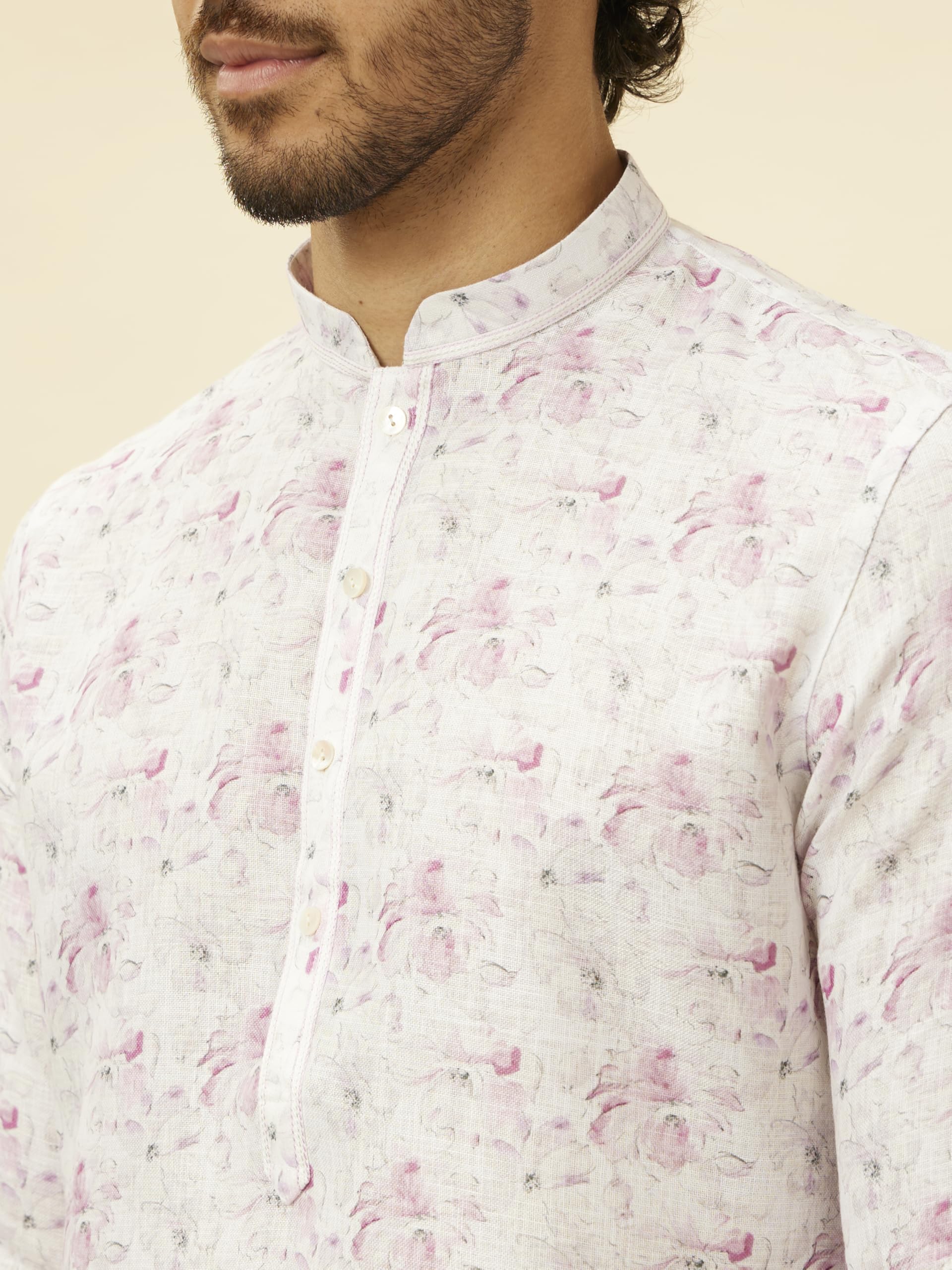 Manyavar Mens Soft White Floral Printed Kurta
