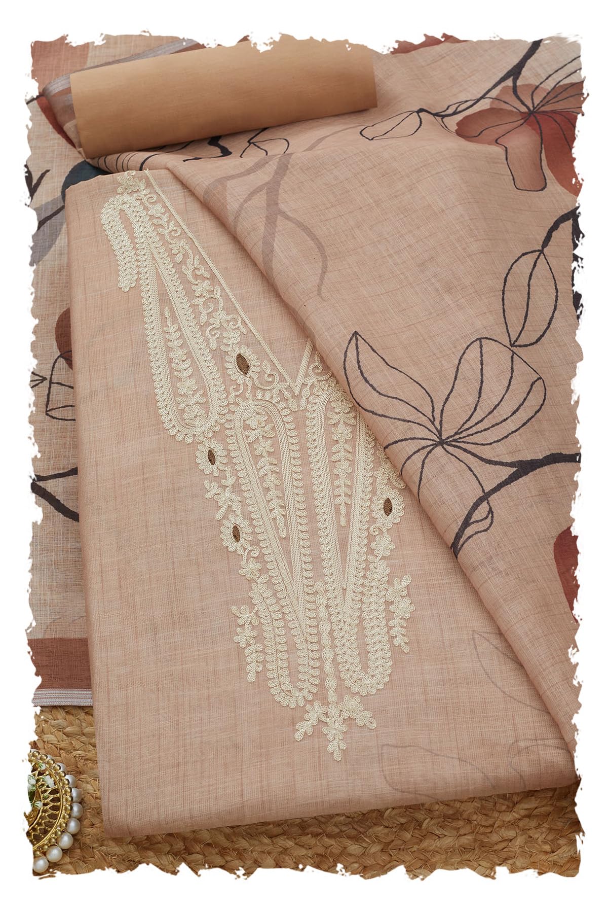 Soch Women Linen Embroidered Unstitch Dress Material with Thread Work