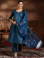 Libas WomenS Silk Blend Solid Kurta Set (39054_Teal
