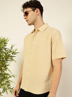 Thomas Scott Regular Fit Self Design Textured Cuban Collar Casual Shirt for Mens Beige