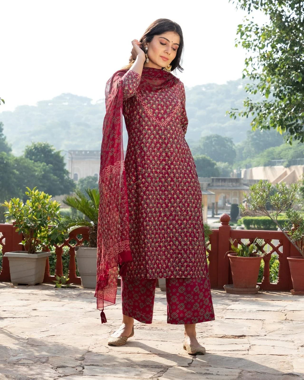 ANNI DESIGNER Womens Cotton Blend Straight Printed Kurta with Pant & Dupatta (BC Maroon_4XL_Maroon_XXXX-Large)
