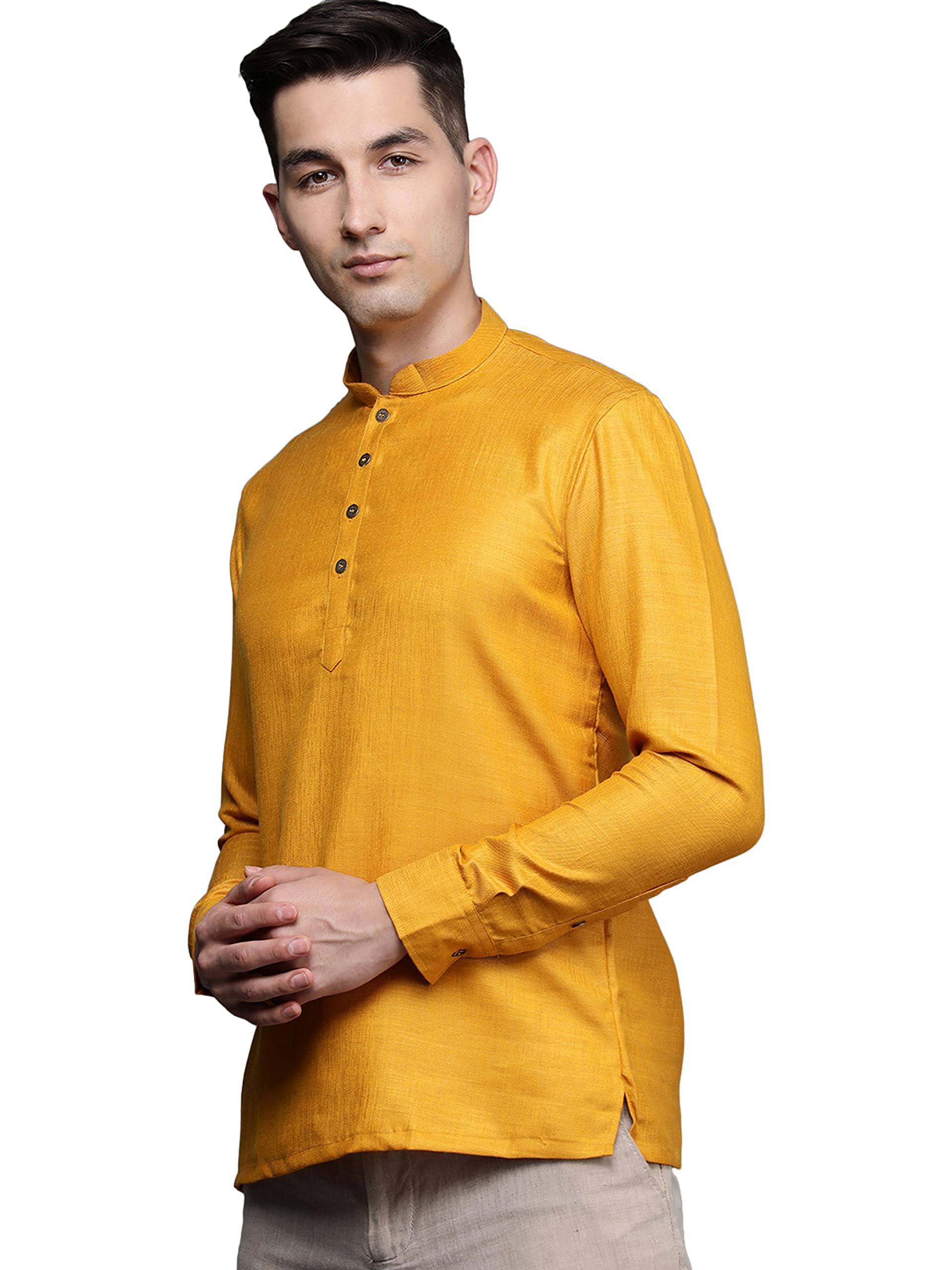 Manyavar MenS Short Kurta, Mandarin Collar Full Sleeves Ethnic Waist Length Kurta, Blended Viscose Solid Kurta For Festival, We
