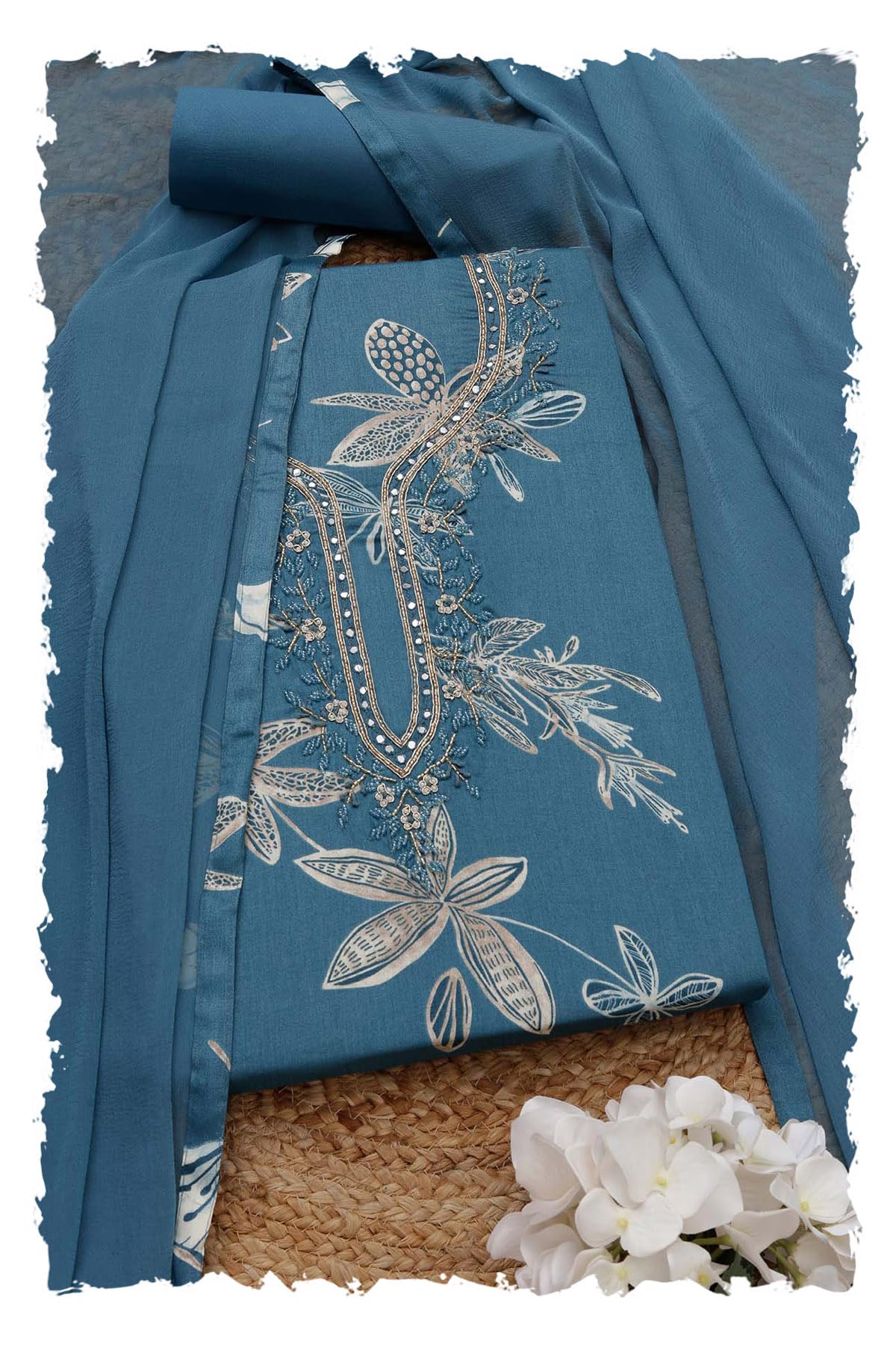 Soch Women Cotton Blend Floral Unstitch Dress Material with Beads