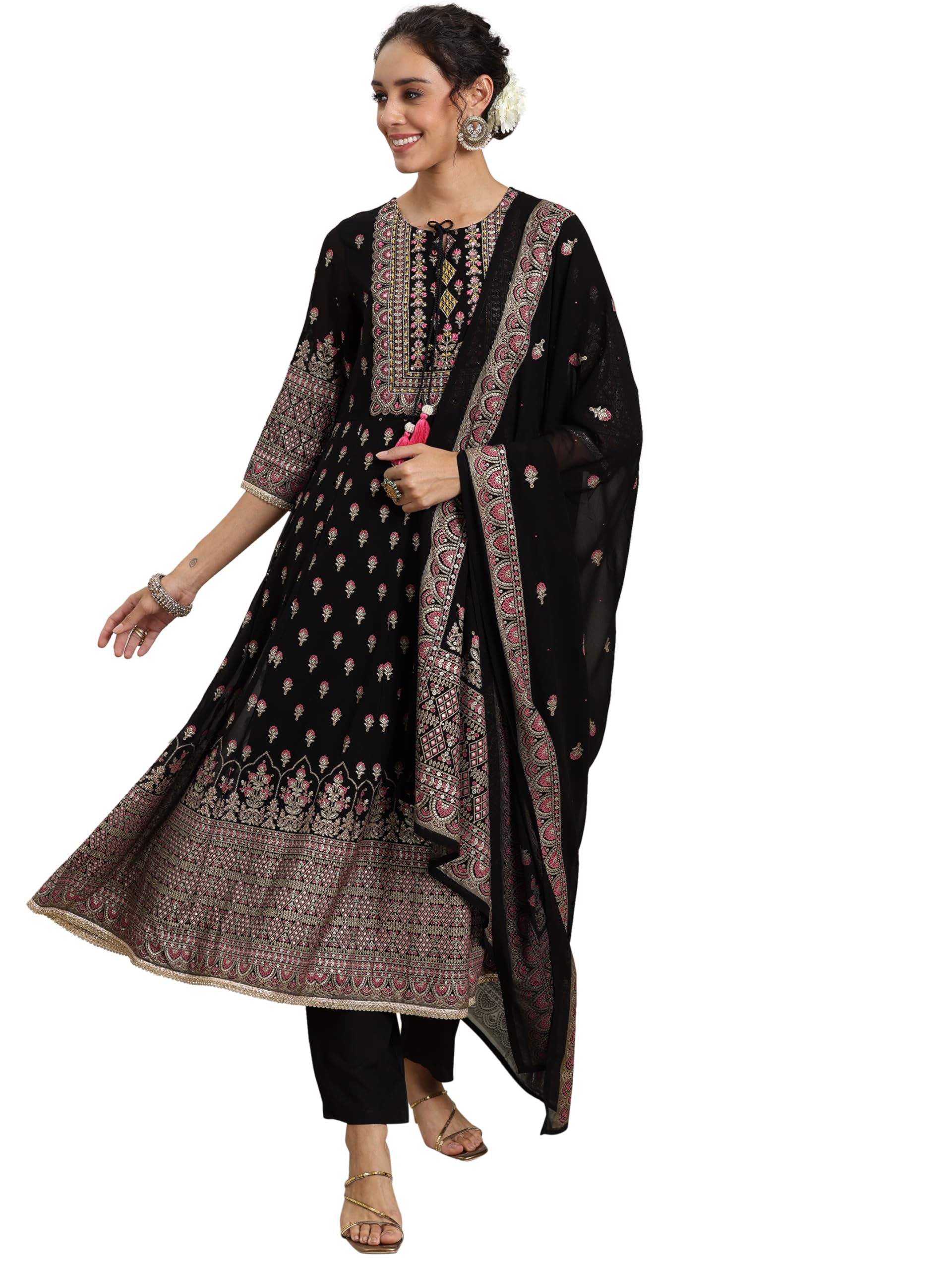 Libas Black Floral Printed Anarkali Kurta With Lining And Solid Narrow Trouser With Printed Dupatta