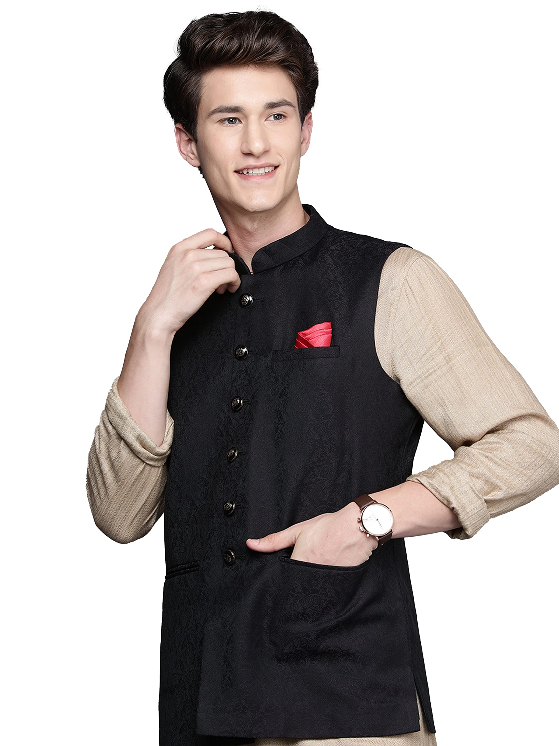 Manyavar Mens Jacket, Nehru Jacket For Men, Ethnic Jackets For Festival, Wedding, Party, Sleevless Jacket Blended Rayon (Purple,