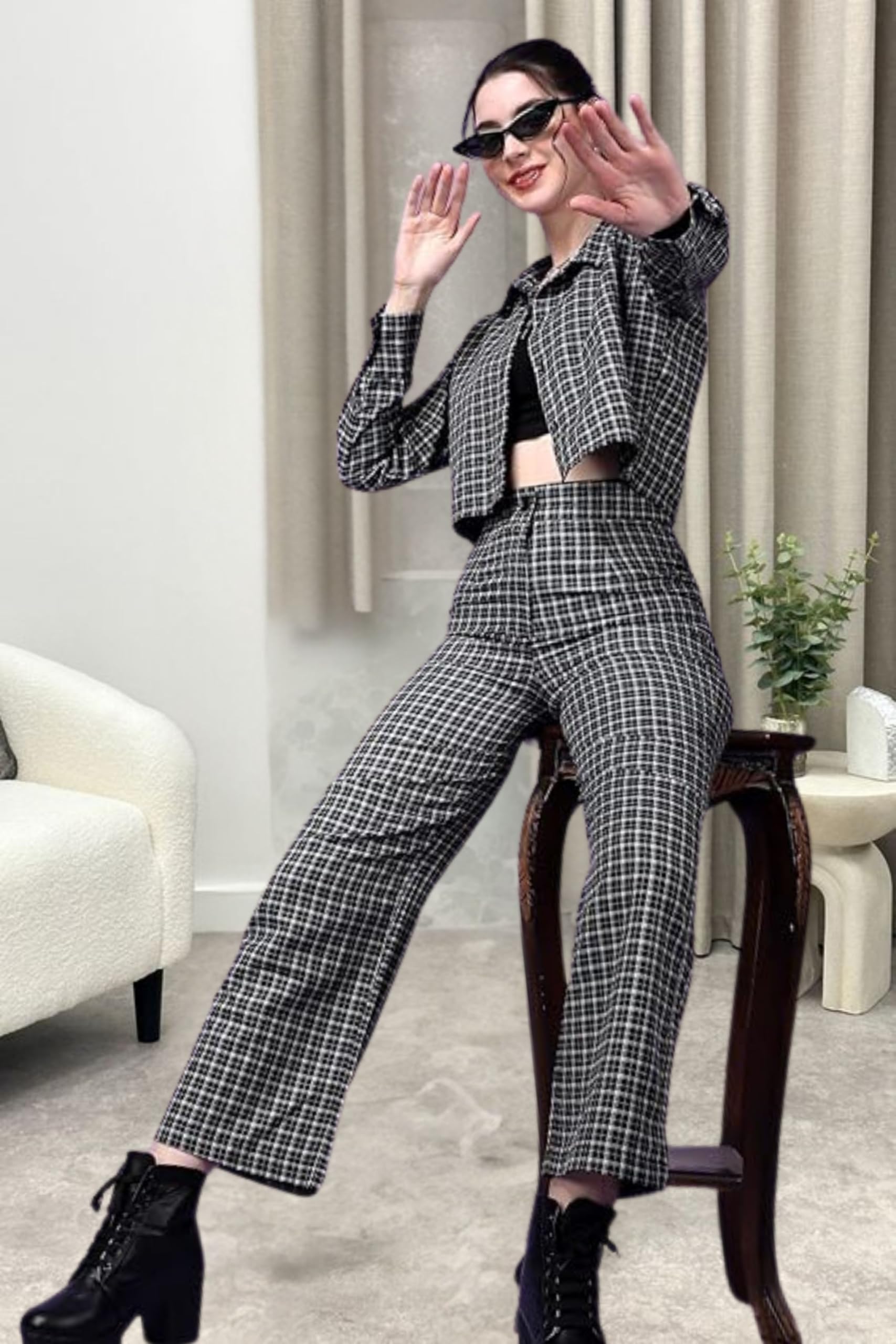 Popwings Casual Checks Print Crop Shirt And Trouser Co-Ord Set For Women | Shirt And Pant Co-Ord Set For Women | Full Sleeves Co