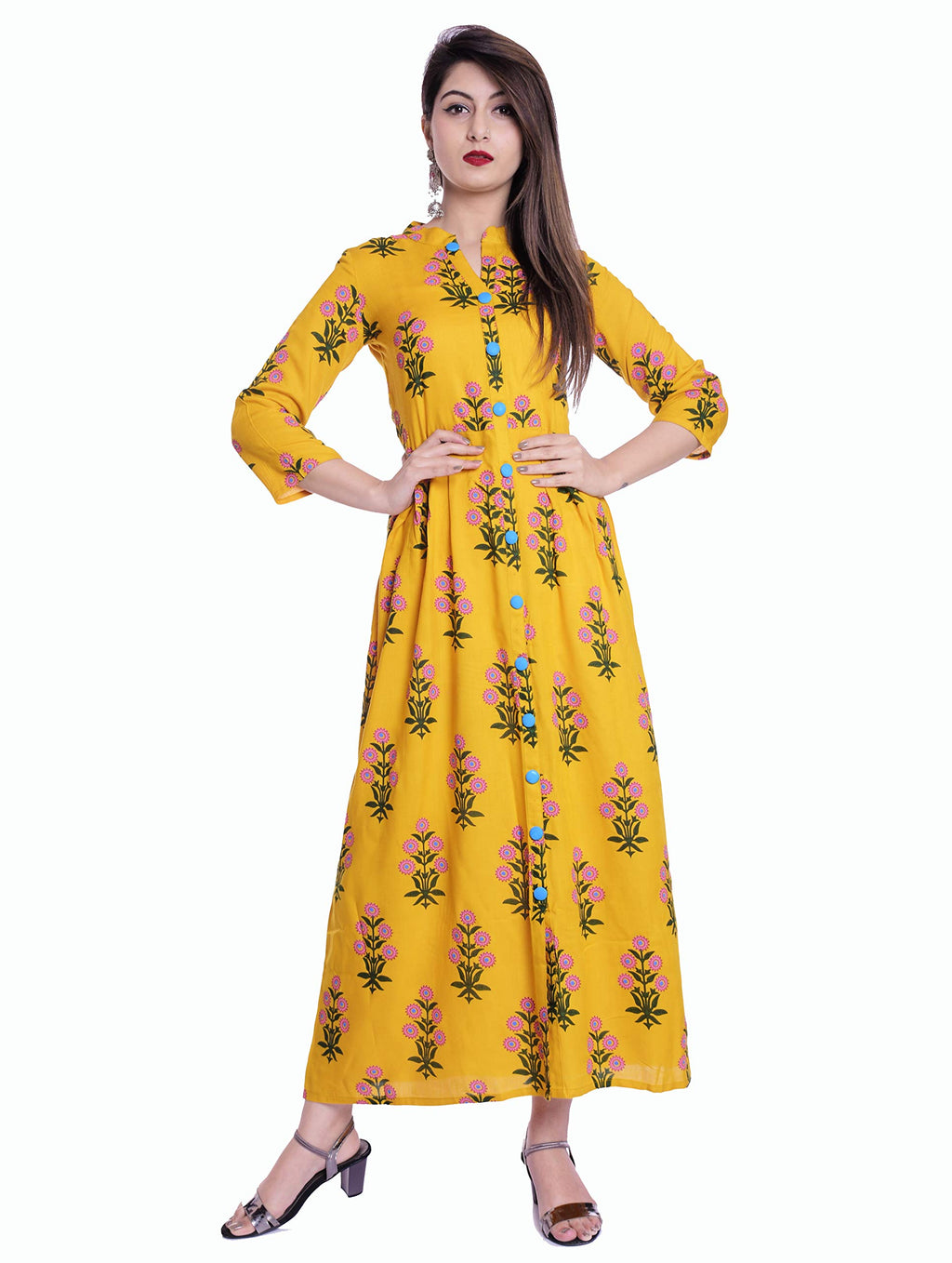 Stylum Women'S Rayon Block Print Flared Kurta (Stylumyellowblocks42_Yellow, Xl)