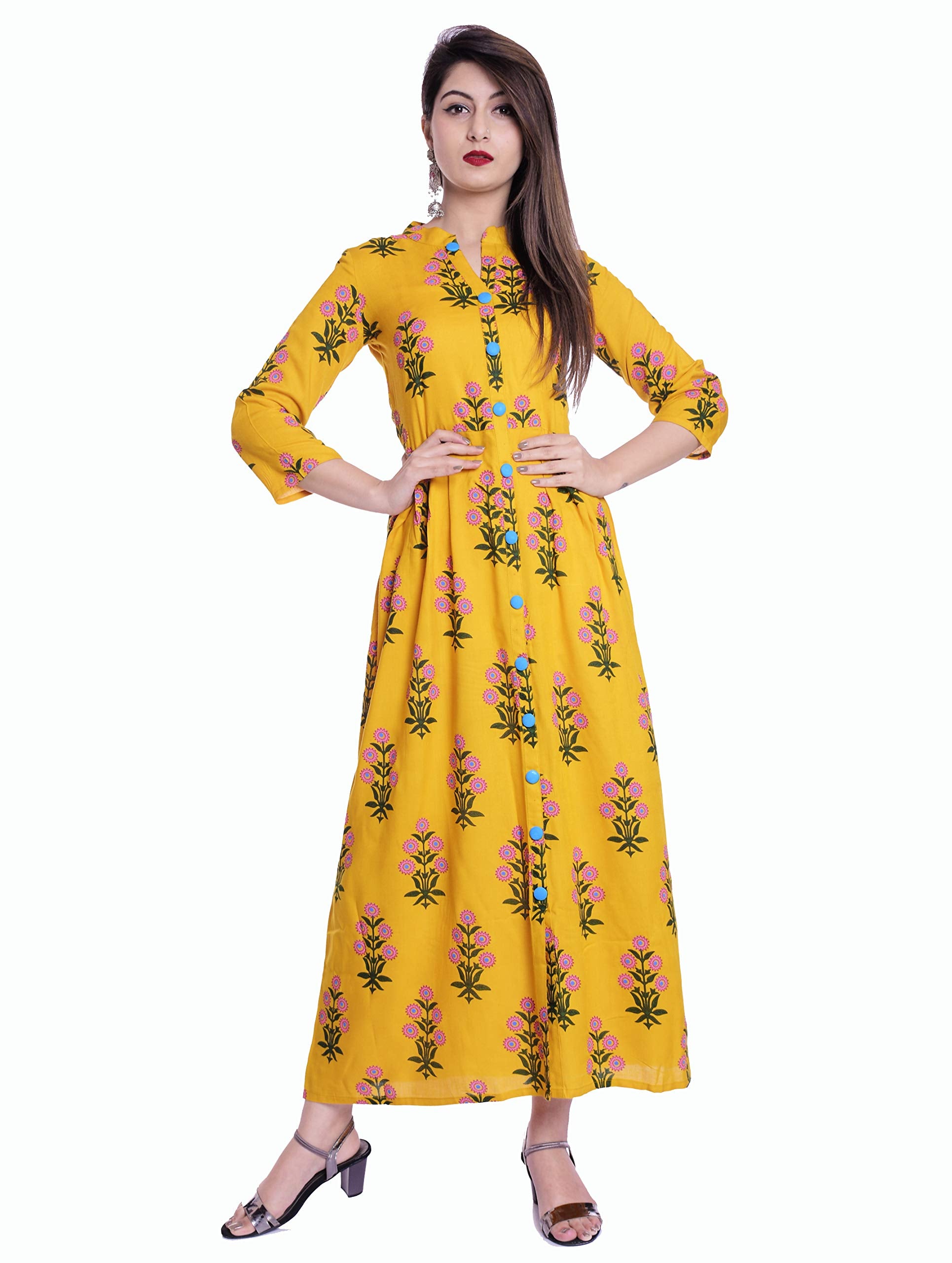 Stylum Women'S Rayon Block Print Flared Kurta (Stylumyellowblocks42_Yellow, Xl)