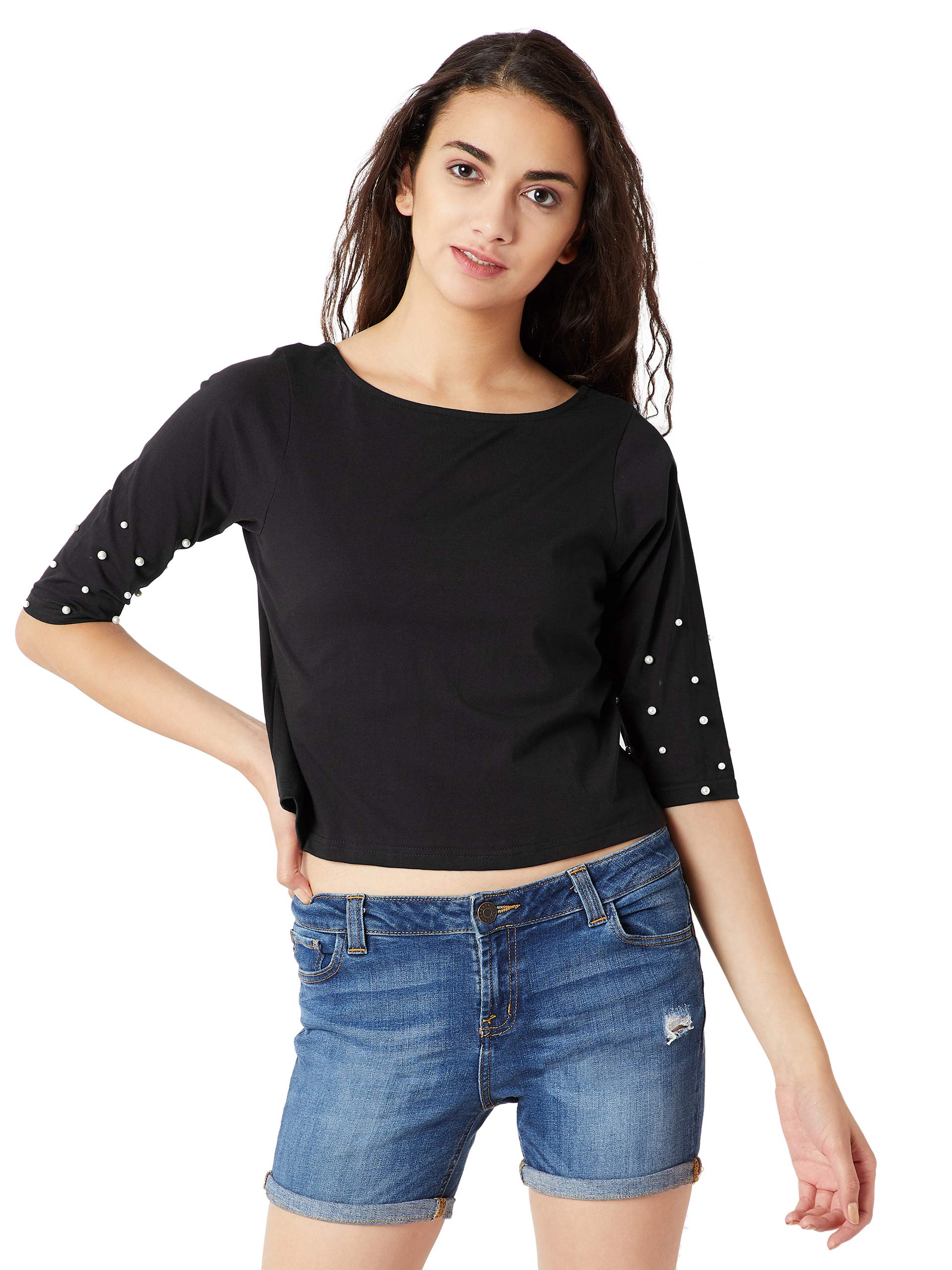 Miss Chase WomenS Black Pearl Sleeves Crop Top(Mcaw18Tp11-72-62-04_Black_Medium)