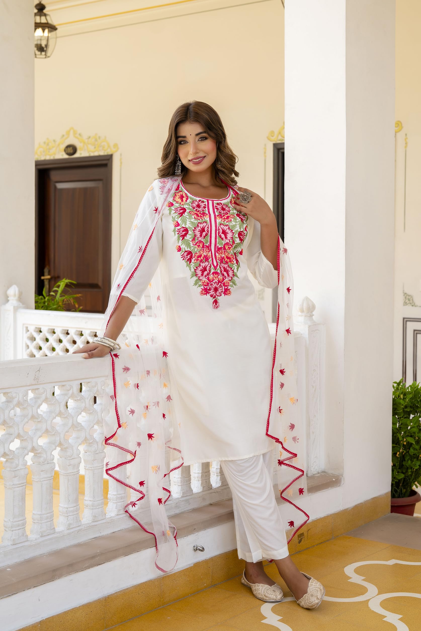 Yashika Women'S Cotton Blend Embroidered Set: This Elegant Ensemble For Special & Casual Wear, Includes A Straight Kurta Pant With Dupatta Set