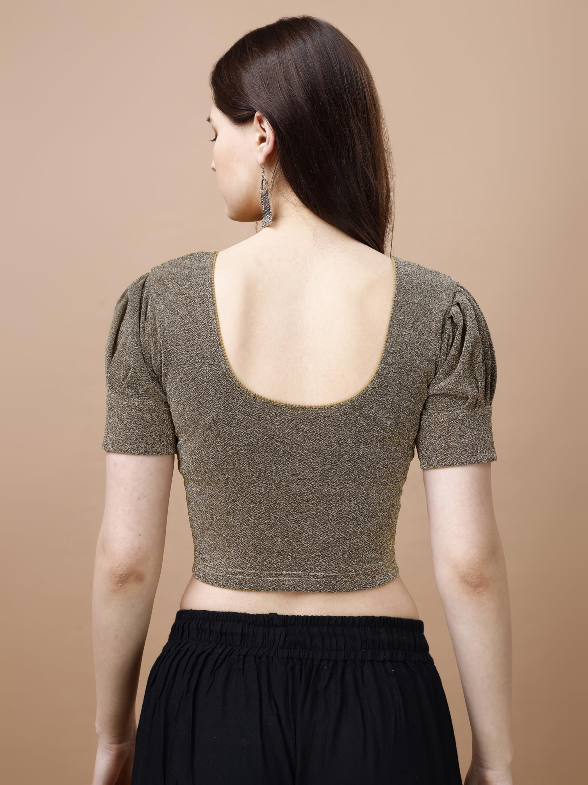 Pujia Mills WomenS Readymade Shining Lycra Stretchable Round Neck Half Puff Sleeve Blouses Lycra Stretchable Off Gold Color Blo