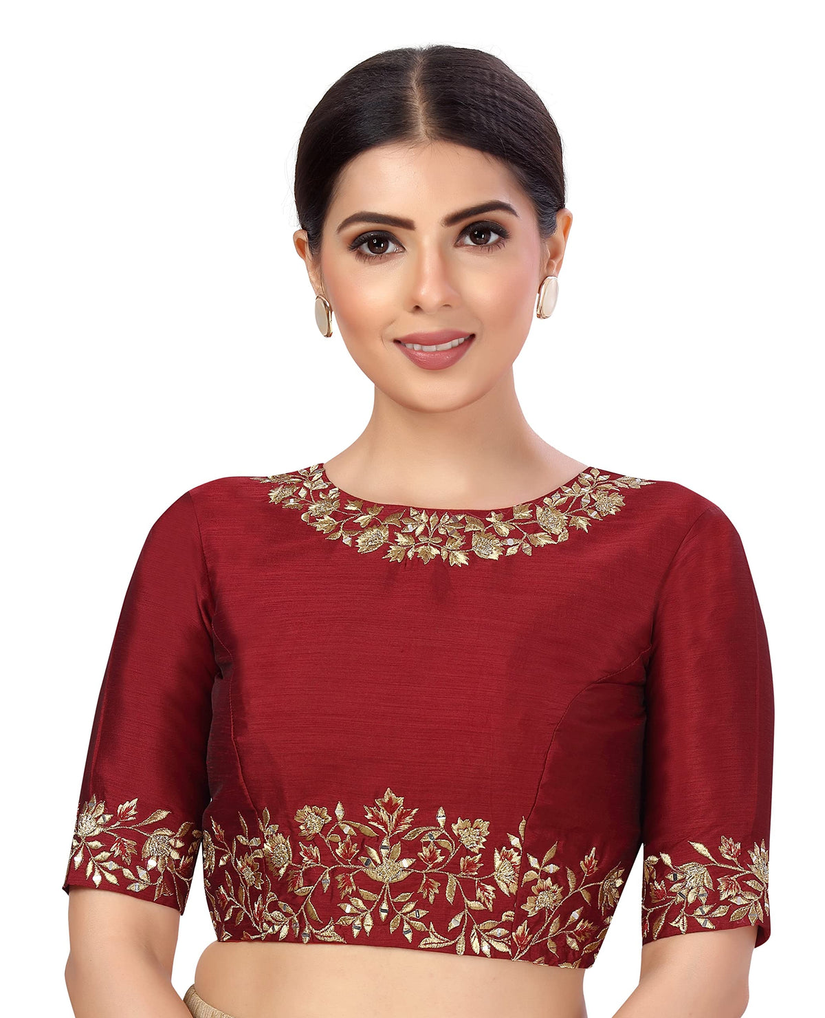 Studio Shringaar WomenS Readymade Art Silk Embroidered Saree Blouse With Elbow Length Sleeves (Maroon, 40) 40
