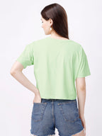 ELLITI Soft Rich Cotton Cyan/See Green Half Sleeve | Round Neck | Oversized/Loose Fit | Down Solder | Plain/Soild Crop Top for W