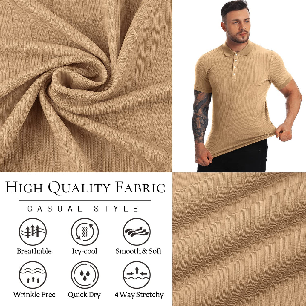 Muscle Polo Shirts for Men Slim Fit Short Sleeve Golf Shirts Men Dry Fit Shirts Casual Stylish Clothes Khaki