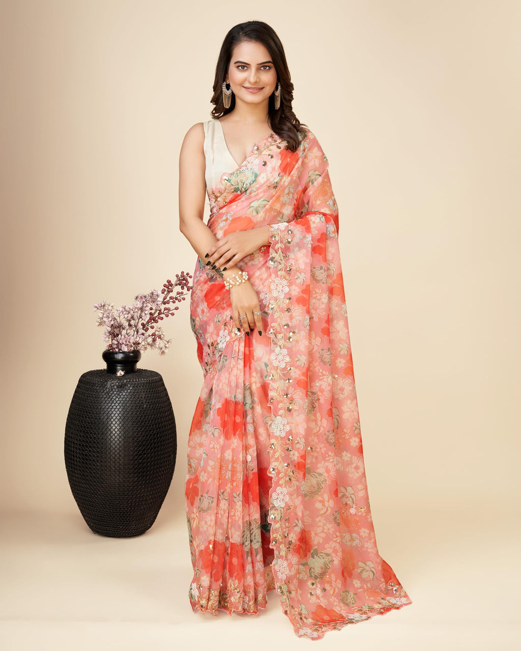 Ekasya Women Soft Organza Pink Embroidery Saree
