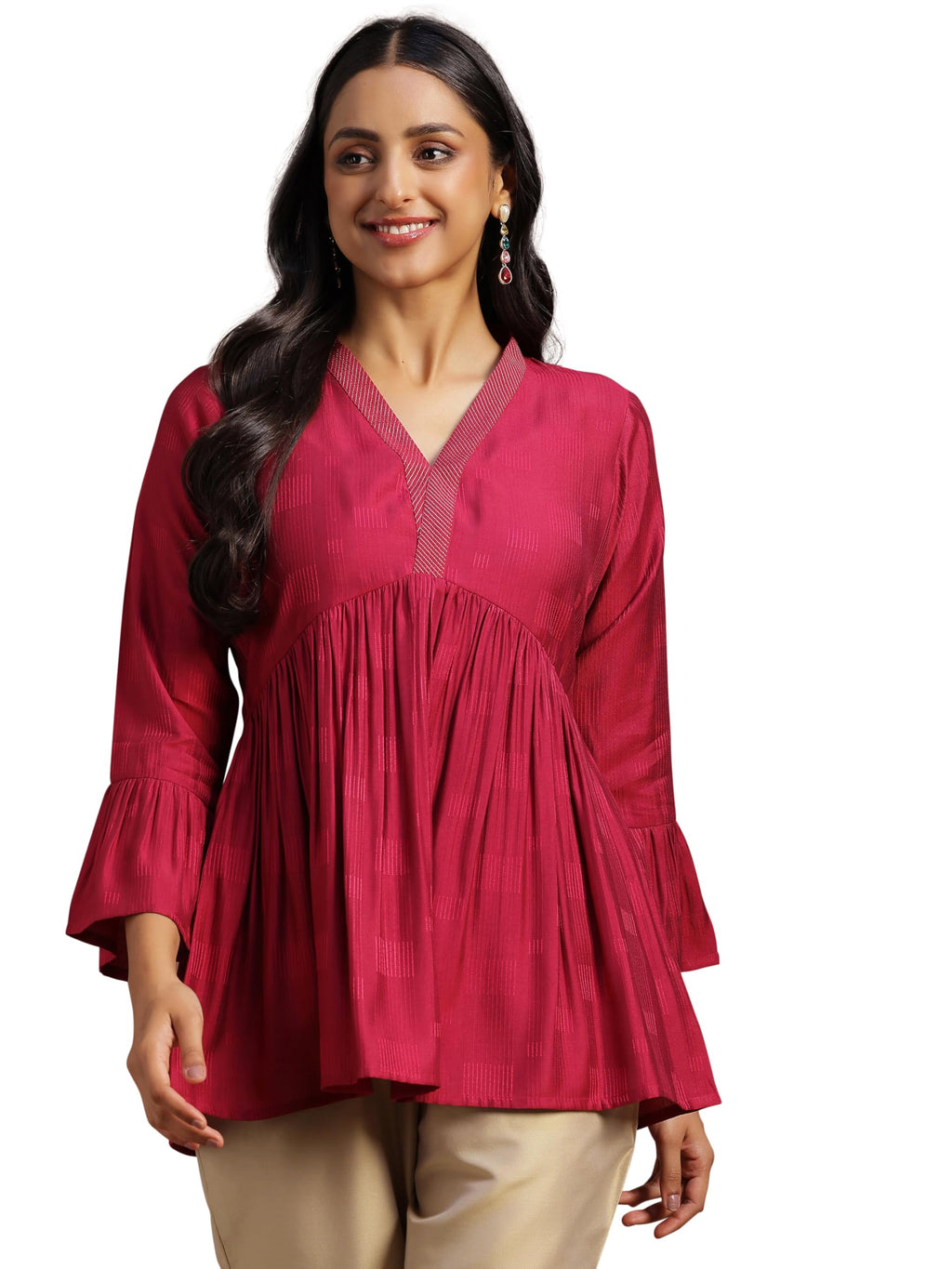 Libas WomenS Silk Blend Woven Design A-Line Kurti (29154 Magenta